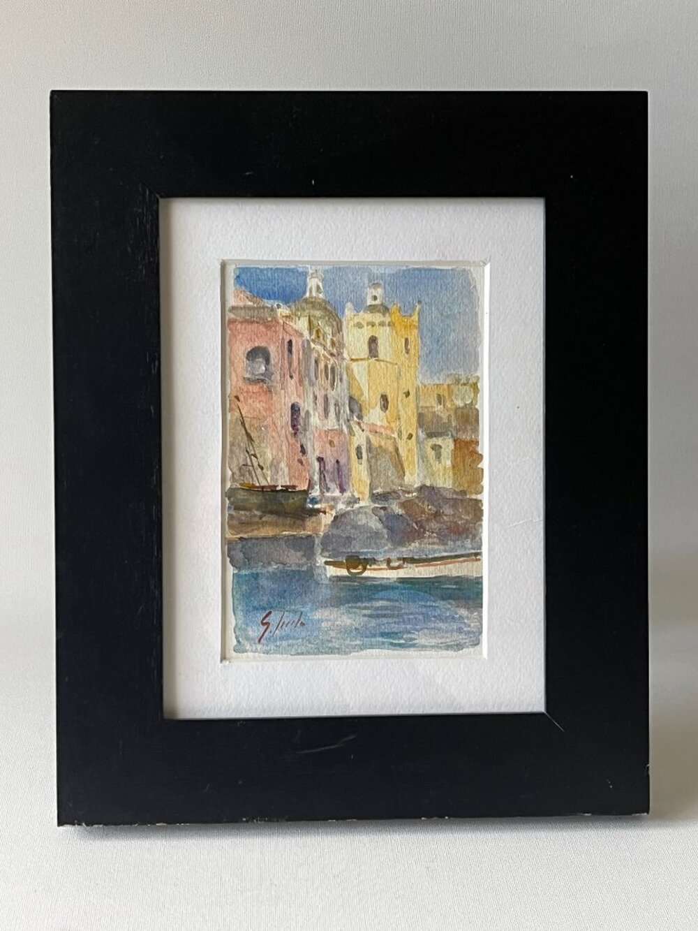 Original Italian Watercolor Painting Ischia Ponte Italy Harbor Signed Framed